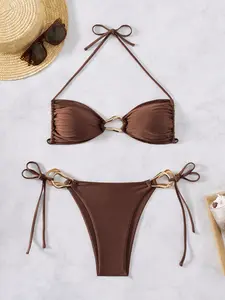 Brown 2-Piece Halter Bathing Suit - Nylon-Polyamide Blend Halter Neck Bikini Top with Bow Accent, V-Neck Cut, Plain Design for Summer Beachwear