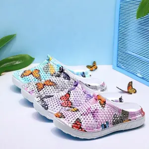 Butterfly Print Mesh Clogs for Women, Breathable Slip On Mules, Lightweight Non Slip Casual Summer Sandals, Cute Comfortable Nursing Shoes for Indoor Outdoor Beach, Trendy Aesthetic Footwear