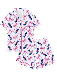 Teen red Bull Soda Drink Hooded Short Sleeve Pajama Set, Pyjamas, Comfortable Sleepwear, Cute Animal Graphic Pattern, All Seasons