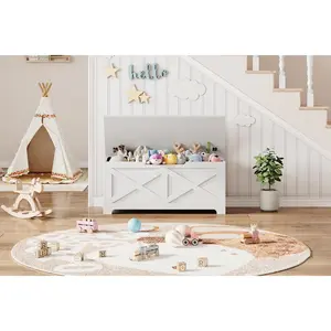 Wooden Storage Chest for Kids – 39.4-Inch Large Toy Box with Safety Hinge, Farmhouse Style Storage Bench – Perfect for Entryway, Living Room, Bedroom, Playroom – White-X