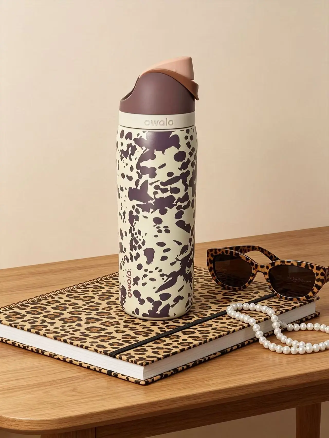Owala 32oz Cream & Brown Leopard Print Water Bottle - Leakproof Insulated Stainless Steel Drinkware Flask, Keeps Cold 24 Hours, Cup Holder Friendly for Travel, Office, Flasks