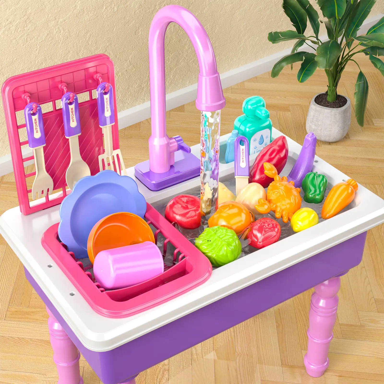 Kids' Fun Colorful Automatic Circulating Water Sink Toy, Includes Utensils & Food Items, Role-Playing Pretend Play Toy for Indoor-Outdoor Use, Fosters Creativity, Ideal Christmas/Birthday Gift