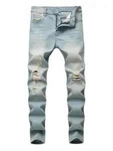 Men's Solid Ripped Jeans, Casual Comfy Regular Fit Denim Trousers for Daily Wear, Jeans for Men, Denim Pants for Men, Fashion Men's Bottoms for All Seasons, Pants for Men, Mens Pants, Cotton, Washed Jeans