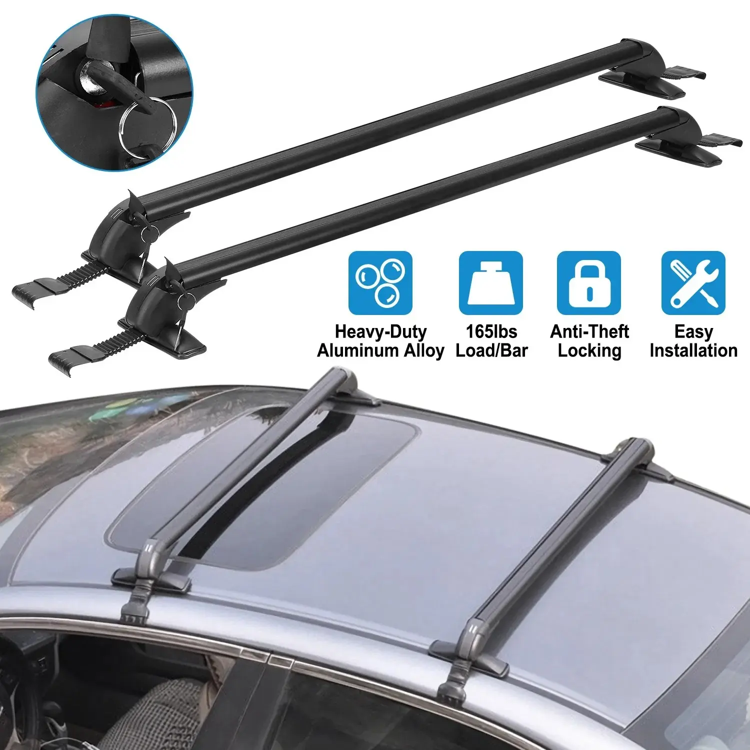 2PCS Universal 43 Inches Car Roof Cross Bars with Anti-Theft Lock, Aluminum Alloy Adjustable Window Frame Roof Rack, 165LBS Heavy Duty Luggage Carrier for Most Rain Groove Cars Accessory