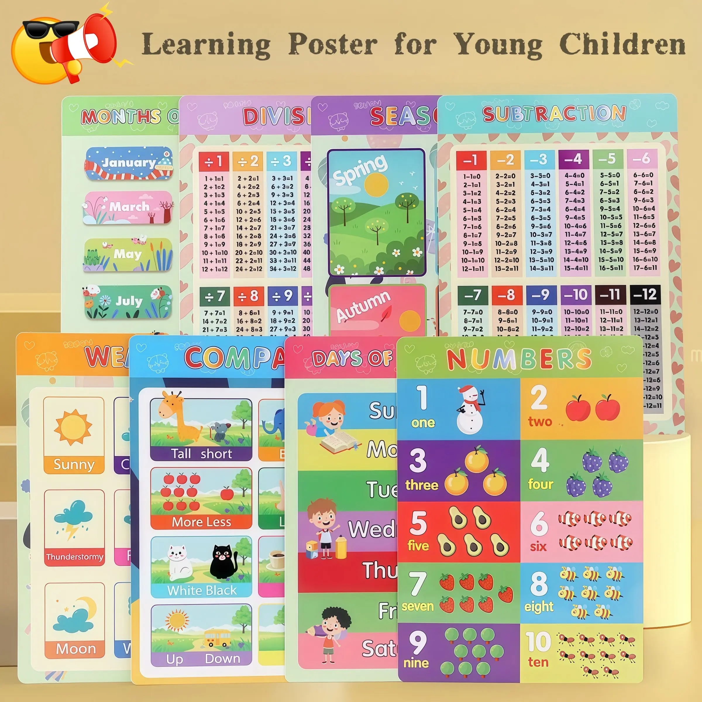 Montessori Early Education Poster Set, 20 Themes, Alphabet, Numbers, Shapes, Colors, Farm Animals, Math, Waterproof, Reusable, Classroom Supplies Charts, Teaching Supplies, Visual Learning Tools