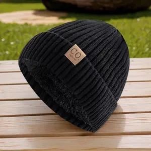 CO Winter Fleece-Lined Knit Beanie for Men & Women Thick Warm Stretchy Two-Tone Hat Soft Thermal Cap for Cold Weather & Outdoor Activities Warmth Unisex Classic Colors