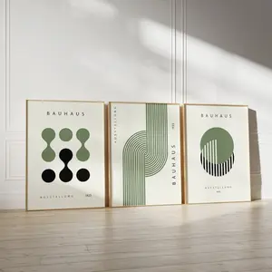Green Bauhaus Exhibition Poster Set Of 3, Mid Century Modern Poster, Gallery Wall Art, Bauhaus Print Set, Geometric Art