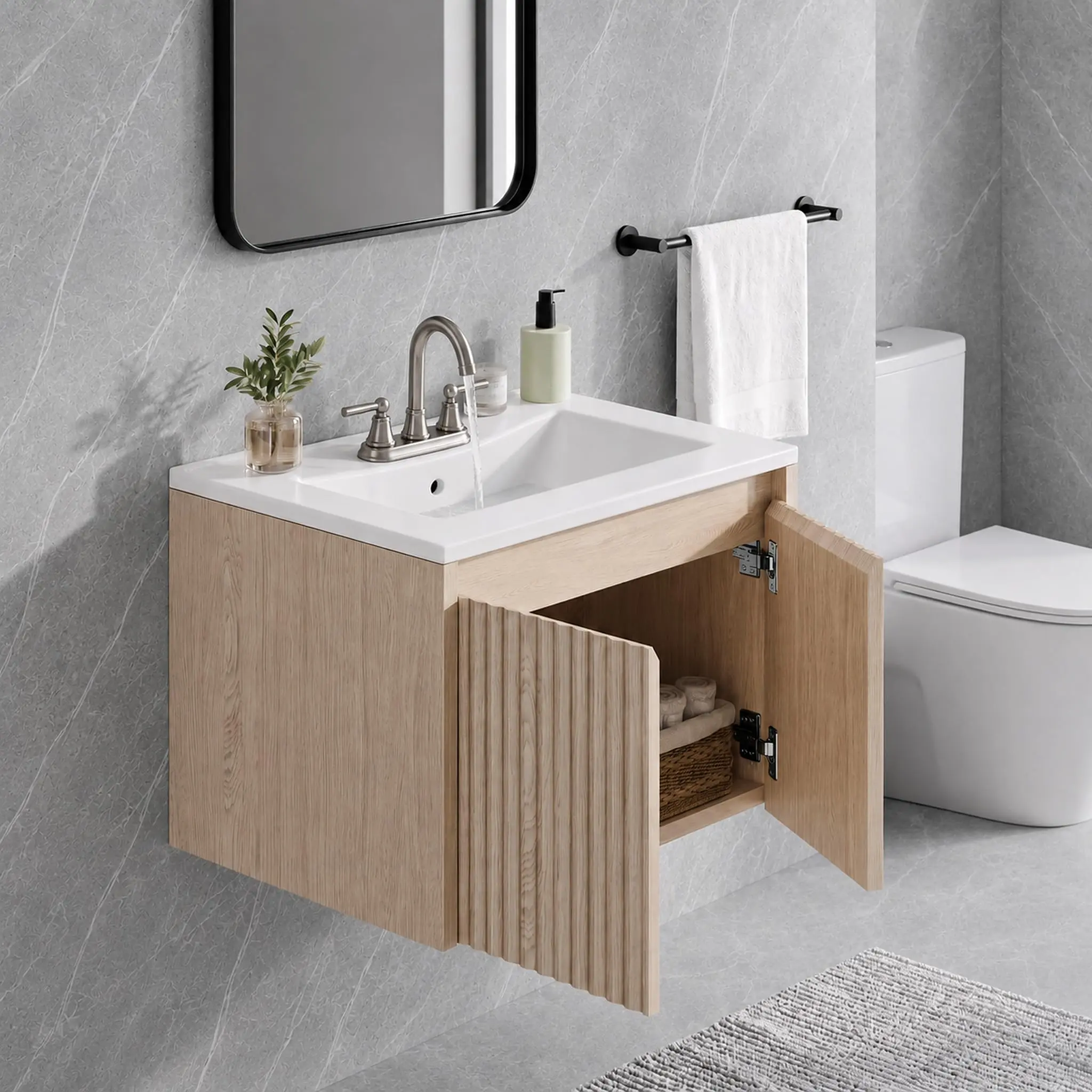 Garvee 24-Inch Floating Bathroom Vanity Sink with Wall-Mounted Double Doors, Rectangular White Ceramic Basin (3-Hole Options), Waterproof PVC Wavy Board, Storage Space, Natural Wood/White/Black Finishes