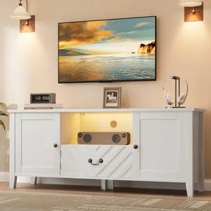 59"W TV Stand, Retro V-Shaped TV Table with Led Lights for Living Room Bedroom, Entertainment Center, Television Stands for 65 Inch TV, TV Console Table with 2 Storage Door and 1 Drawer
