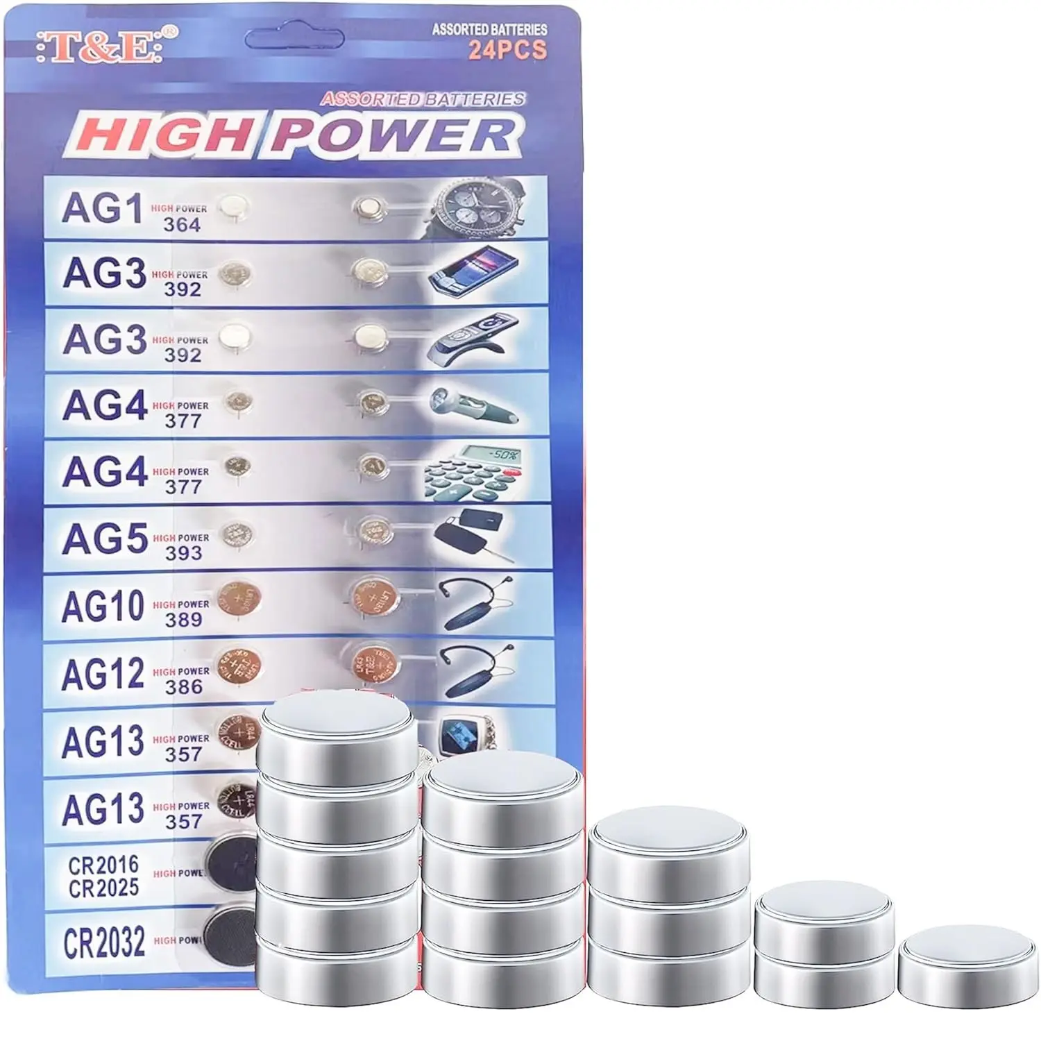 High Power Alkaline Button Battery Mix Pack, 1.5v/3v Ag3/lr41 Ag4/lr626 Ag5/lr754 Ag10/lr1130 Ag13/lr44 Ag1 Ag12 Cr2016 Cr Cr2032