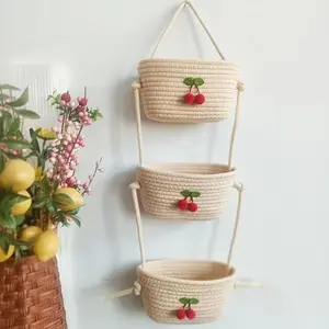 1 three-layer wall-mounted storage basket, a rustic-style hand-woven storage basket, a wall-mounted decorative basket, home decoration, farmhouse style, Valentine's Day creative detachable rope design, storage rack