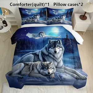 Wolf & Owl Night Forest Bedding Set, Includes 1 Comforter and 2 Pillowcases, Wildlife Themed Bedroom Decoration