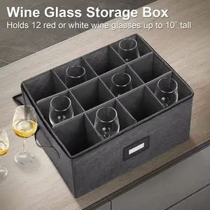 VALORA HOME Sturdy Quilted Wine Glass Storage Box Holds 12 Glasses Hard Shell Grey Organizer with Carry Handles for Dishes Cups Mugs and Stemware