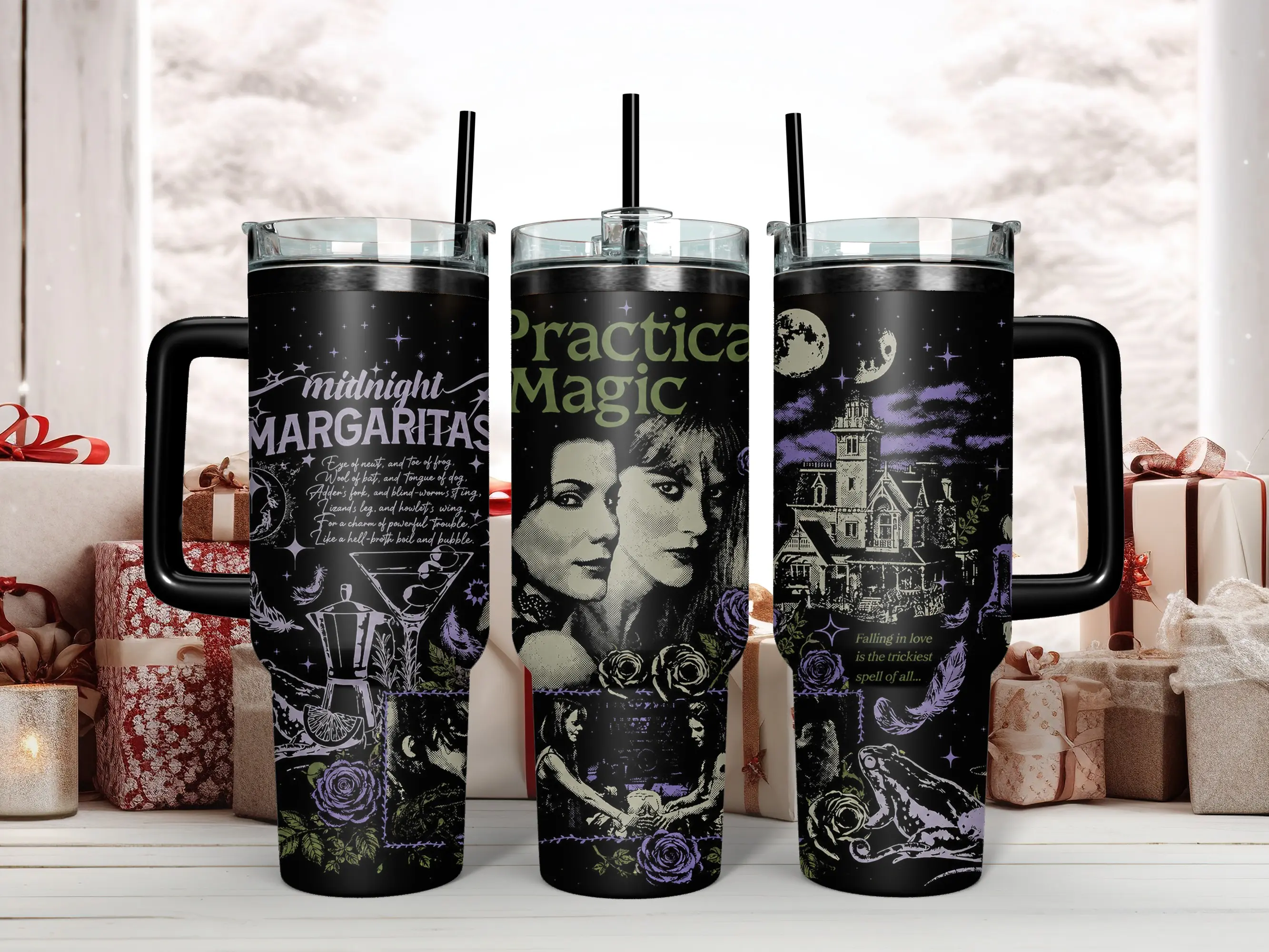 Practical Magic 1998 Movie Poster Tumbler - 'Midnight Margaritas' & Owens Sisters Art - Dark Gothic Witchy Aesthetic 40oz Insulated Stainless Steel Travel Mug with Handle & Straw