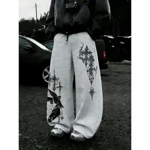 Gothic Dark Angel Cross Graphic Joggers | Y2K Alt Fashion Baggy Pants | Emo Aesthetic Streetwear | Trendy E-girl E-boy Outfits | Dark Academia Gothic Print Bottoms | Oversized Comfortable Casual Pants | Viral TikTok Gothic Clothing | Edgy Gothic Angel