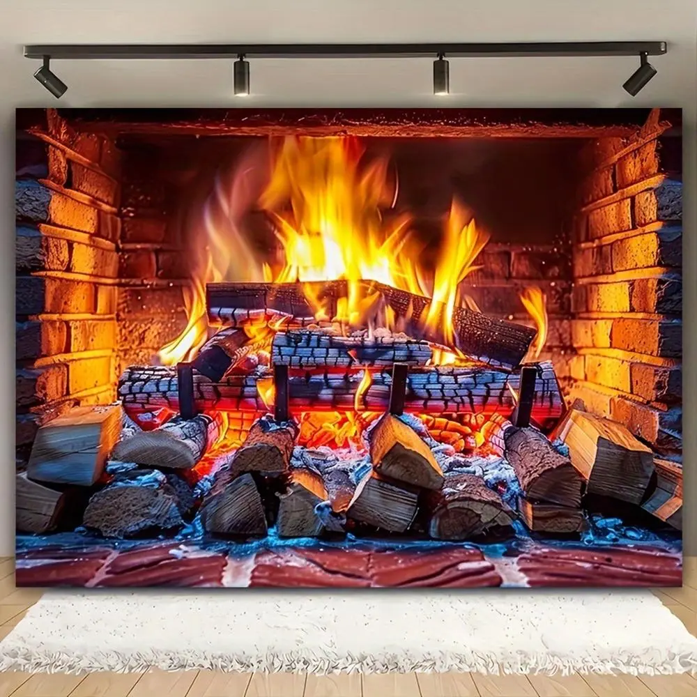 1pc 2D Flat Vintage Fireplace and Cozy Cabin Christmas Background - Santa Theme Polyester Suitable for Living Room Outdoor Decor Live Streaming & Photography Studio Doorway One Piece Banners Ornaments White