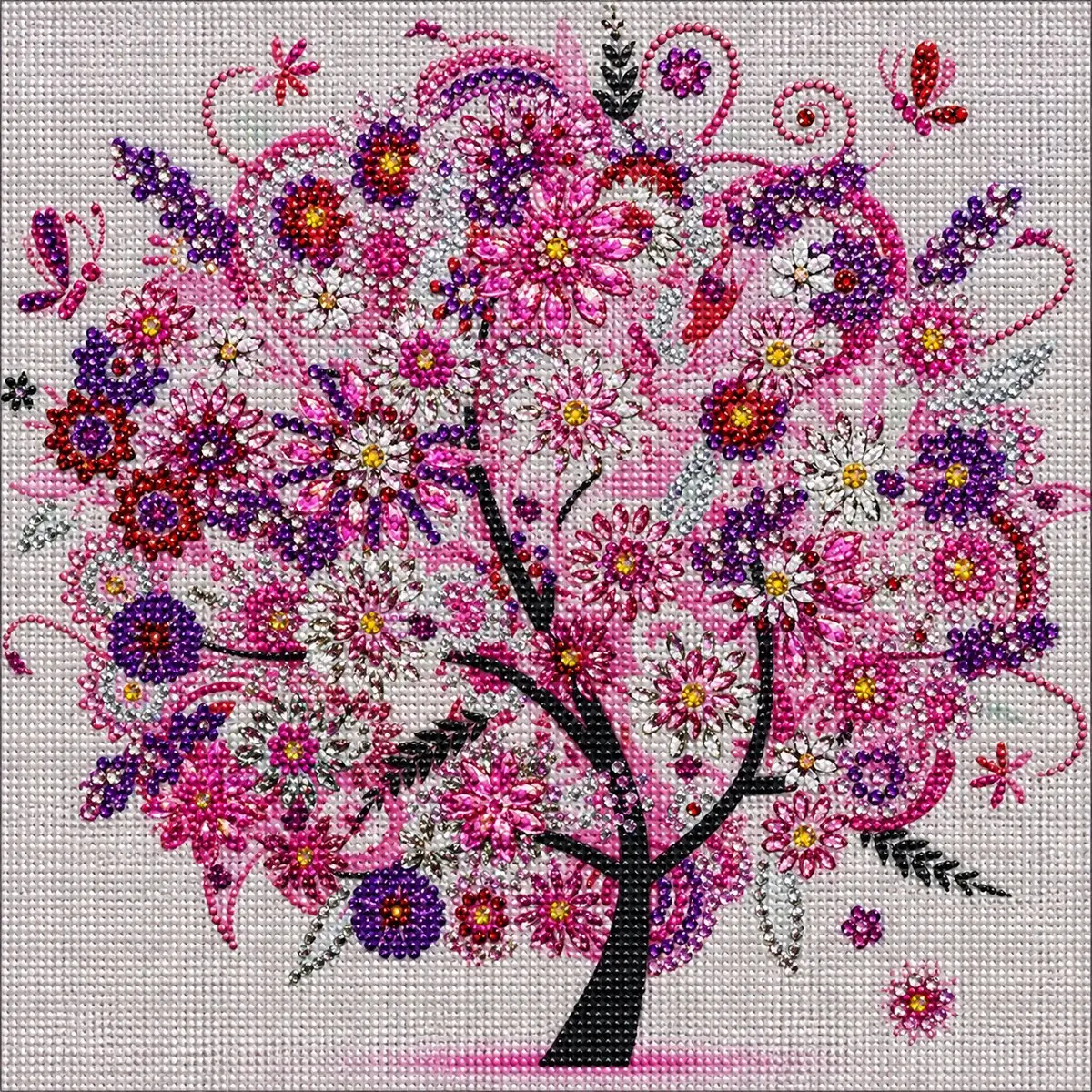 Pink Fantasy Flower Tree Diamond Painting Full Set with Resin Drills, Adult DIY Needlework Kit with Butterflies, Whimsical Decor, Adults