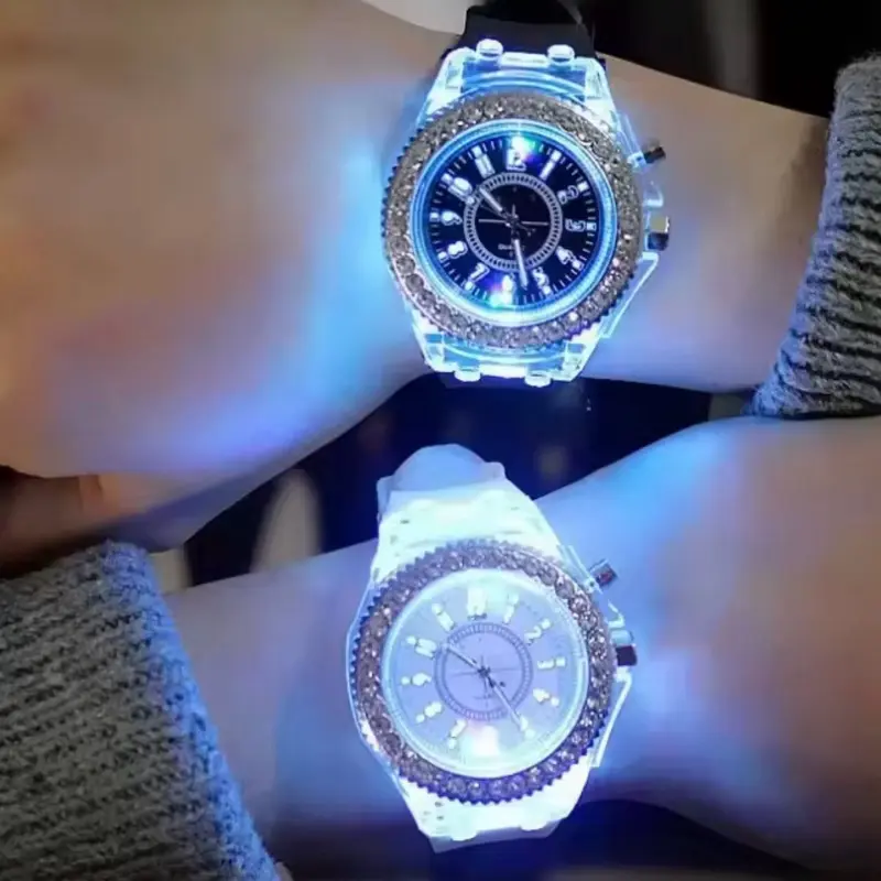 Luxury LED Light-Up Crystal Watch | Waterproof Silicone Strap Colorful Quartz Watch