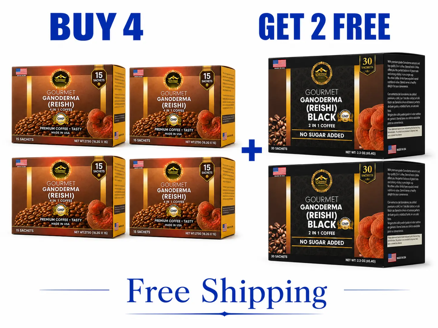 Eternal Spirit Beauty Ganoderma Reishi Instant Coffee Bundle – 4 Boxes 4-in-1 Coffee + 2 Bonus Boxes 2-in-1 Black Coffee – 6 Boxes, 120 Sachets