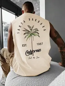 Men's Regular Fit Letter & Palm Tree Print Tropical Tank Top, Casual Sleeveless Top for Summer, Men's Clothes for Daily Wear