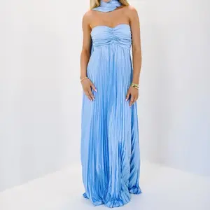 Women Long Dress Solid Color Pleated Tube Dress Summer Fashion Backless Casual Strapless Dress with Choker Scarf Light Polyester(Sheets)