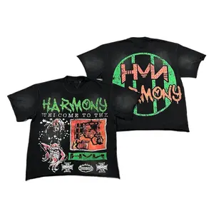 "Men’s Oversized Y2K Grunge Streetwear T-Shirt, Vintage Washed Black Tee, Demon Puppet Graphic Print, Rhinestone Detail, 90s Punk Distressed Crewneck, Hip Hop Street Style, Trendy Summer 2026"