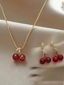 Cherry Pendant Necklace & Dangle Earrings, Fashion Jewelry Set for Party, Daily Clothing Decor, Trendy All-match & Exquisite Jewelry for Birthday Gift