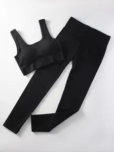 Women's Solid Super Crop Tank Top & High Waisted Yoga Leggings Tracksuit Set, Square Neck Sleeveless Crop Top & Tight-fitting Skinny Pants, Ladies Sportswear Yoga Activewear Workout Sets for Yoga Gym Workout