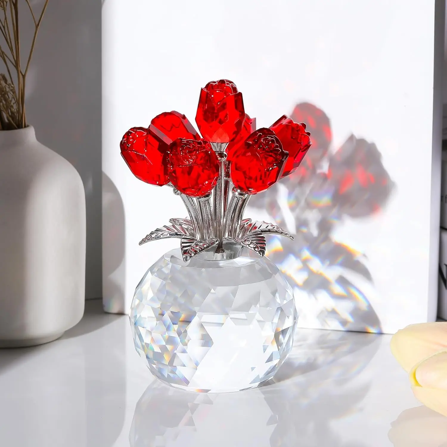 Crystal Red Rose Bouquet Figurine with Round Glass Vase - Romantic Home Decor Table Centerpiece, Collectible Gift for Women’s Birthdays