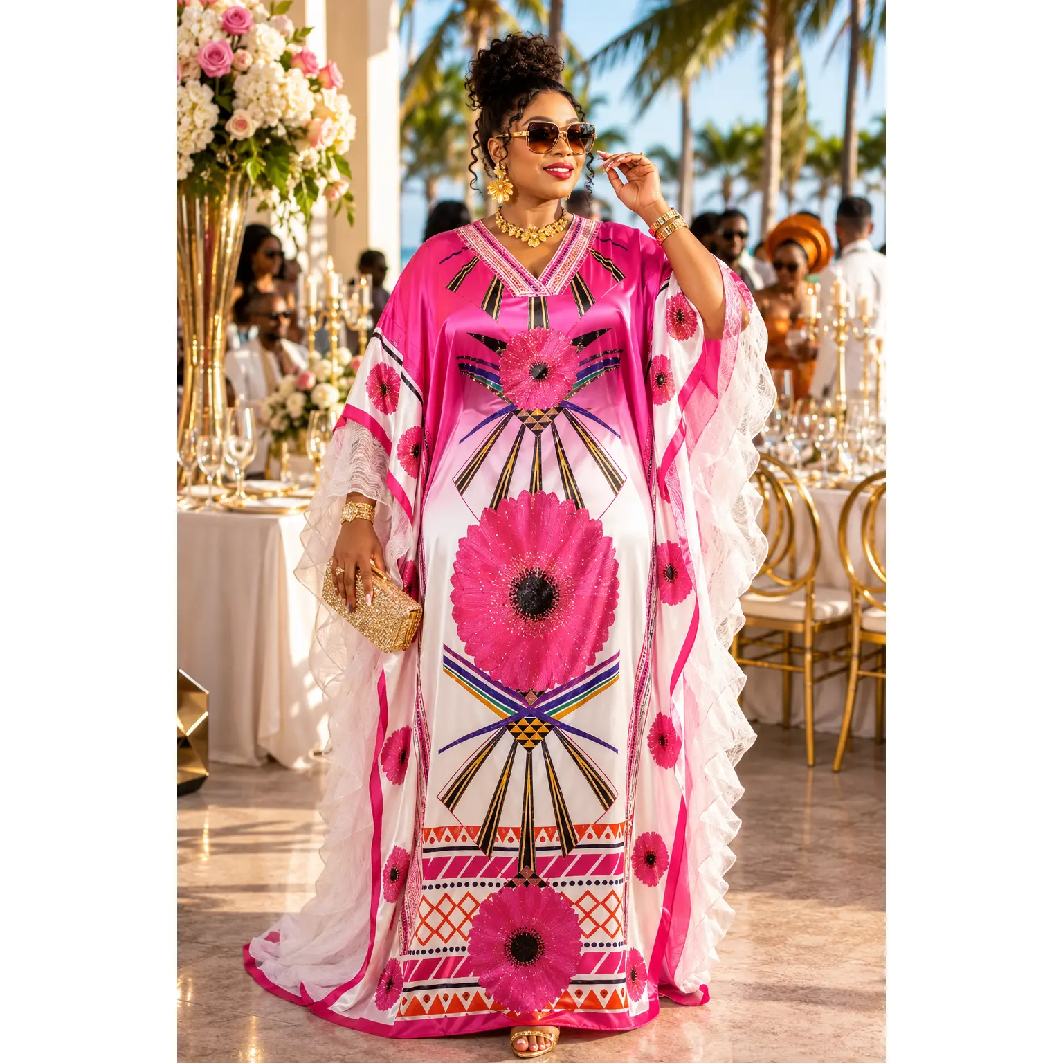 Pink Rhinestone Ruffle Sleeve Kaftan Maxi Dress Bubu for Wedding Cocktail Reception Birthday Party Dinner Church Ceremony