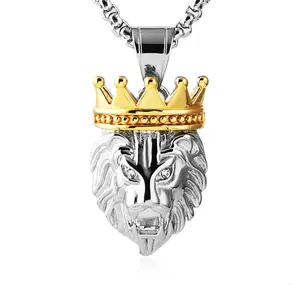 HZMAN Men's Silver Gold Tone Stainless Steel Lion King Pendant Necklace Cable Wheat 22+2" Chain
