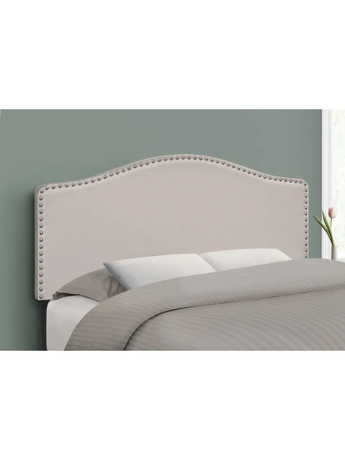 212 MAIN Full Size Beige Linen Blend Fabric-Covered Adjustable Bed Headboard, Transitional Arched Shape Headboard with Nailhead Trim, Legs, Adjustable Height, Panel, Adjustable Bed Headboards, Arch Shape Headboards