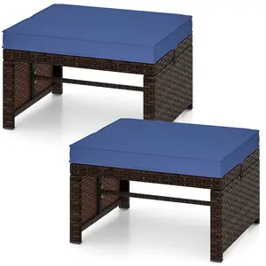 COSTWAY - Multipurpose Outdoor 2 Pieces Patio PE Rattan Ottomans Footstool-Navy
