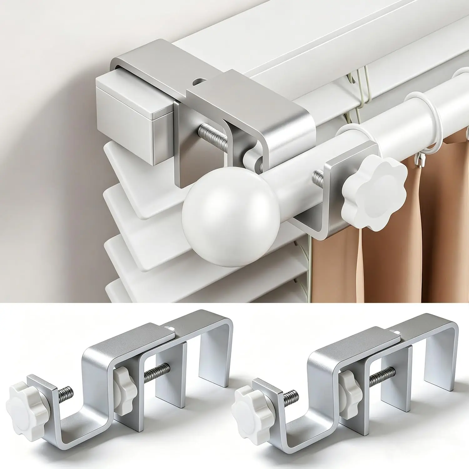 No Drill Curtain Rod Brackets for Outside-Mount Blinds, Tool-Free Over-Blind Curtain Rod Holders, Fits 1-2" Rectangular Headrails, No Wall Damage, Renter Friendly Window Hardware, 2 Pack,Silver