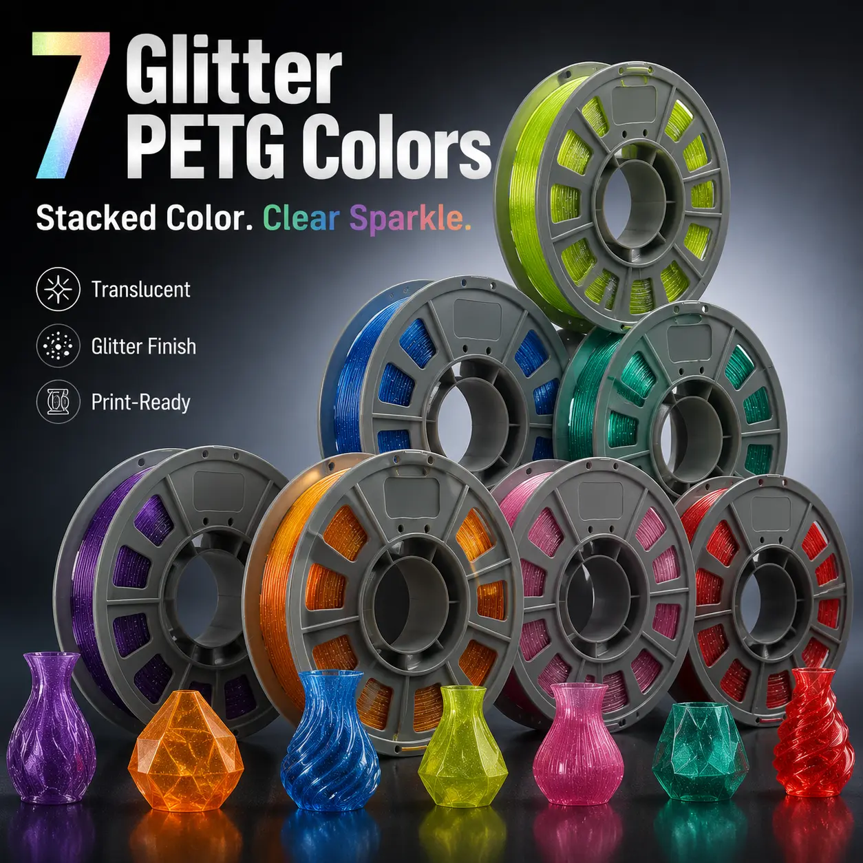 Translucent Silver Glitter PETG Filament 1.75mm, 300g per spool, Tangle-Free Vacuum Pack, Easy Printing for Lampshades, Holiday Decorations, Display Ornaments, Fits All Desktop FDM 3D Printers, Single Reel & All in 7color Bundle Set, Fairy Figurines, Neat