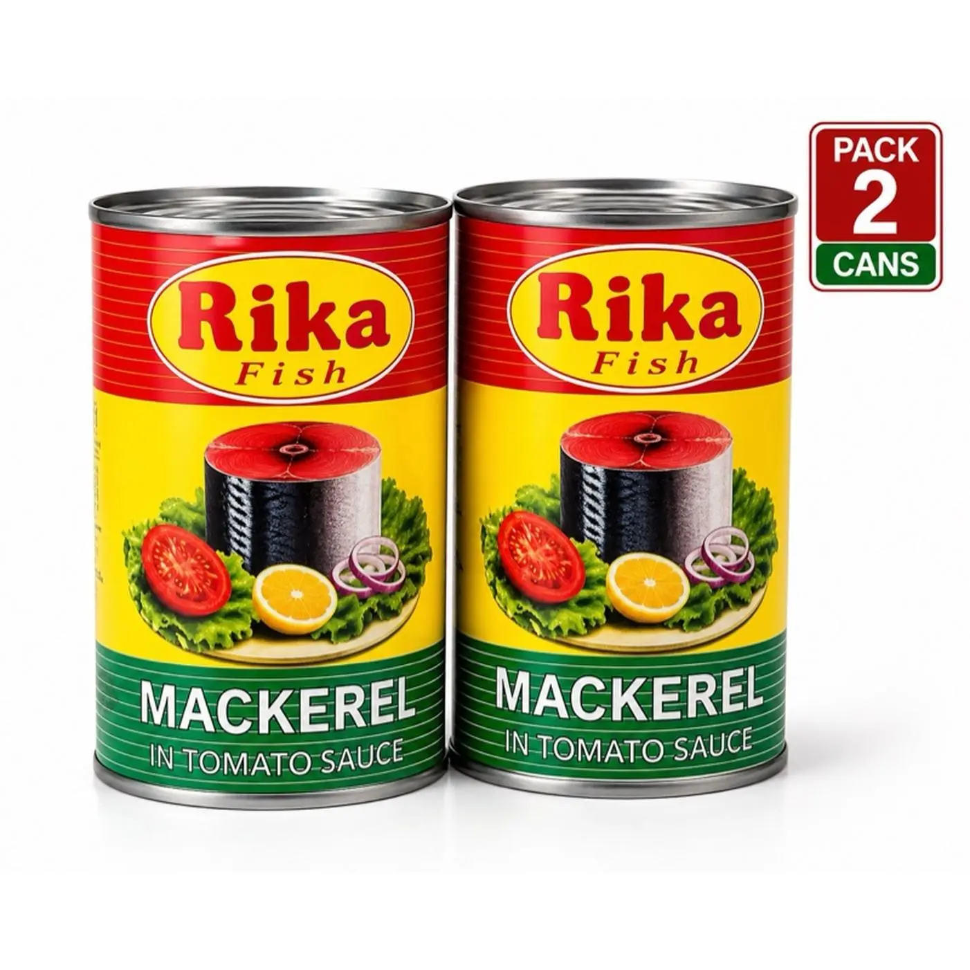 Rika Fish Mackerel in Tomato Sauce - Pack of 2 Cans - Yellow and Green Packaging - Perfect for Cooking