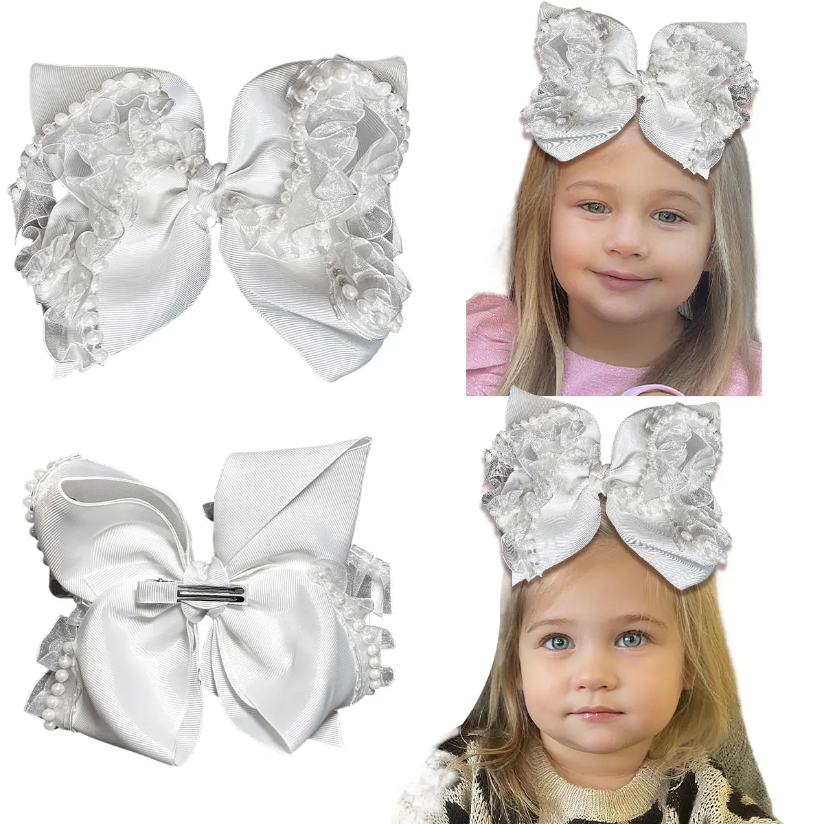 Summervibes JoyBowie 8-inch Moon Pin Bow White Soft Satin Hair Accessory with Lace Trim for Girls Perfect for Special Occasions and Everyday Wear  Hair Bows Baby Knotted Elastic Headbands
