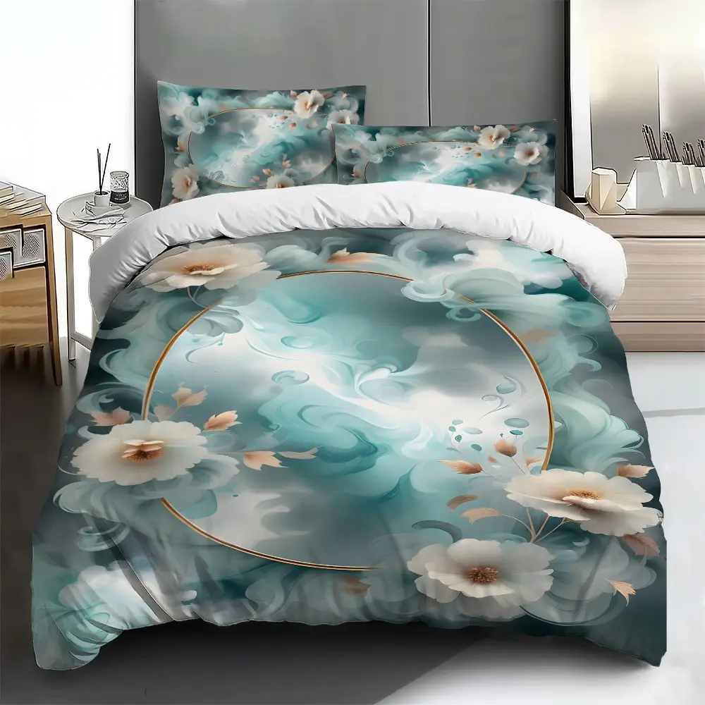 Three-piece bedding set - 2pcs/3pcs 2D Flat Spring Floral Circular Pattern Duvet Cover Set (1 duvet cover + 1/2 pillowcases, no insert), multi-color printed bedding set, soft and comfortable, suitable for family bedrooms and guest rooms.