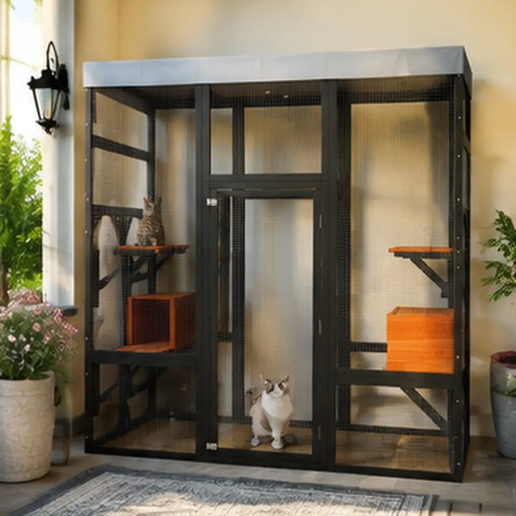 Large Outdoor Cat Enclosure Catio with 5 Platforms & 2 Napping Houses, Secure Metal Wire, Solid Wood Frame, Waterproof Top, Easy Assembly for Indoor Outdoor Use, Black Orange, Black+Orange Color Options, Solid Wood Material, Product Dimensions: