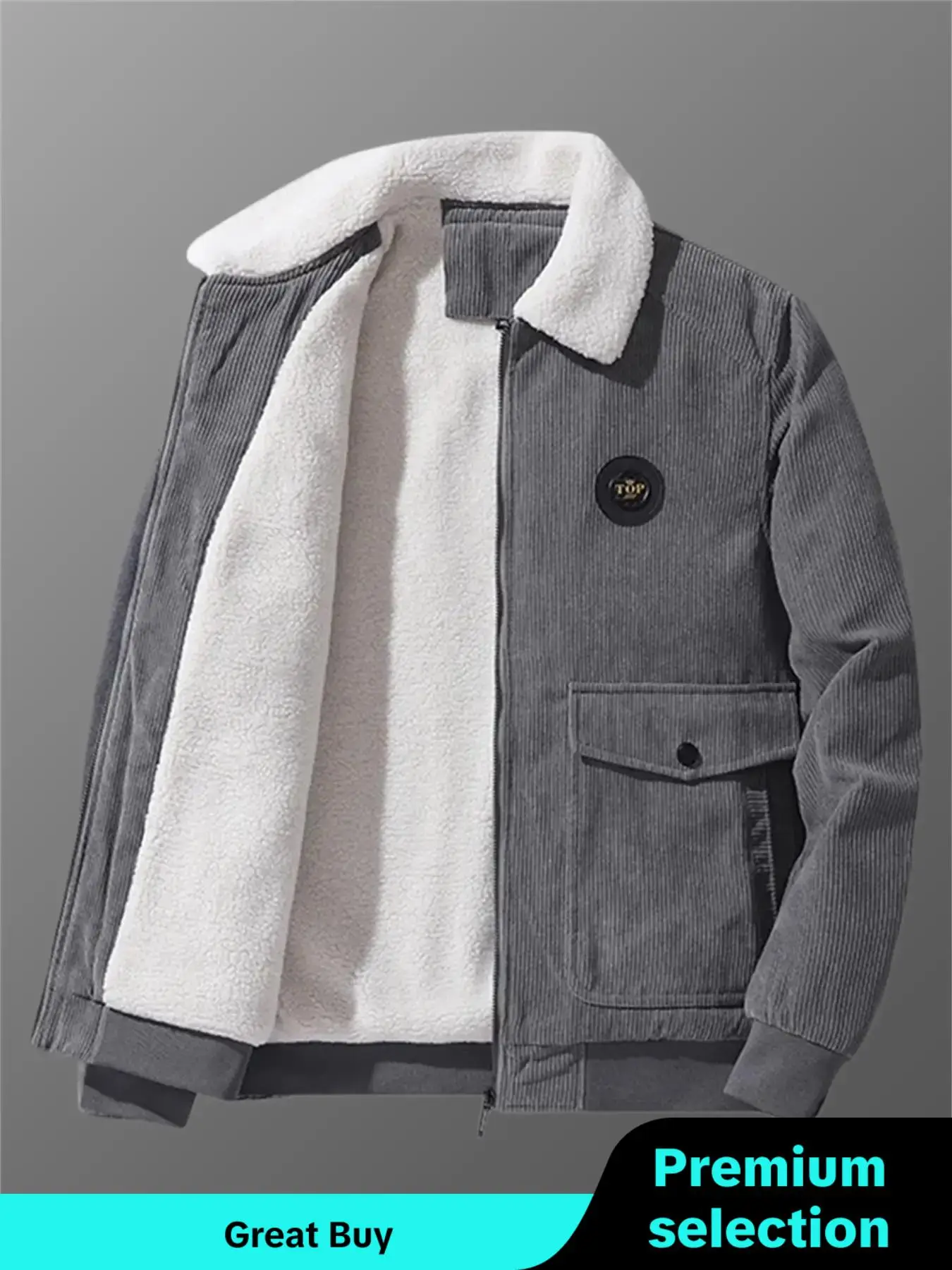 Men's Solid Patched Pocket Zip Up Thermal Lined Jacket, Casual Regular Fit Long Sleeve Collared Outerwear for Fall & Winter, Men's Clothes for Daily W