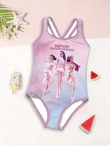 Girls' Gradient Blue Angel Group Print Swimsuit, Cross Strap One-Piece Swimwear, Dreamy Summer Bathing Suit for Kids