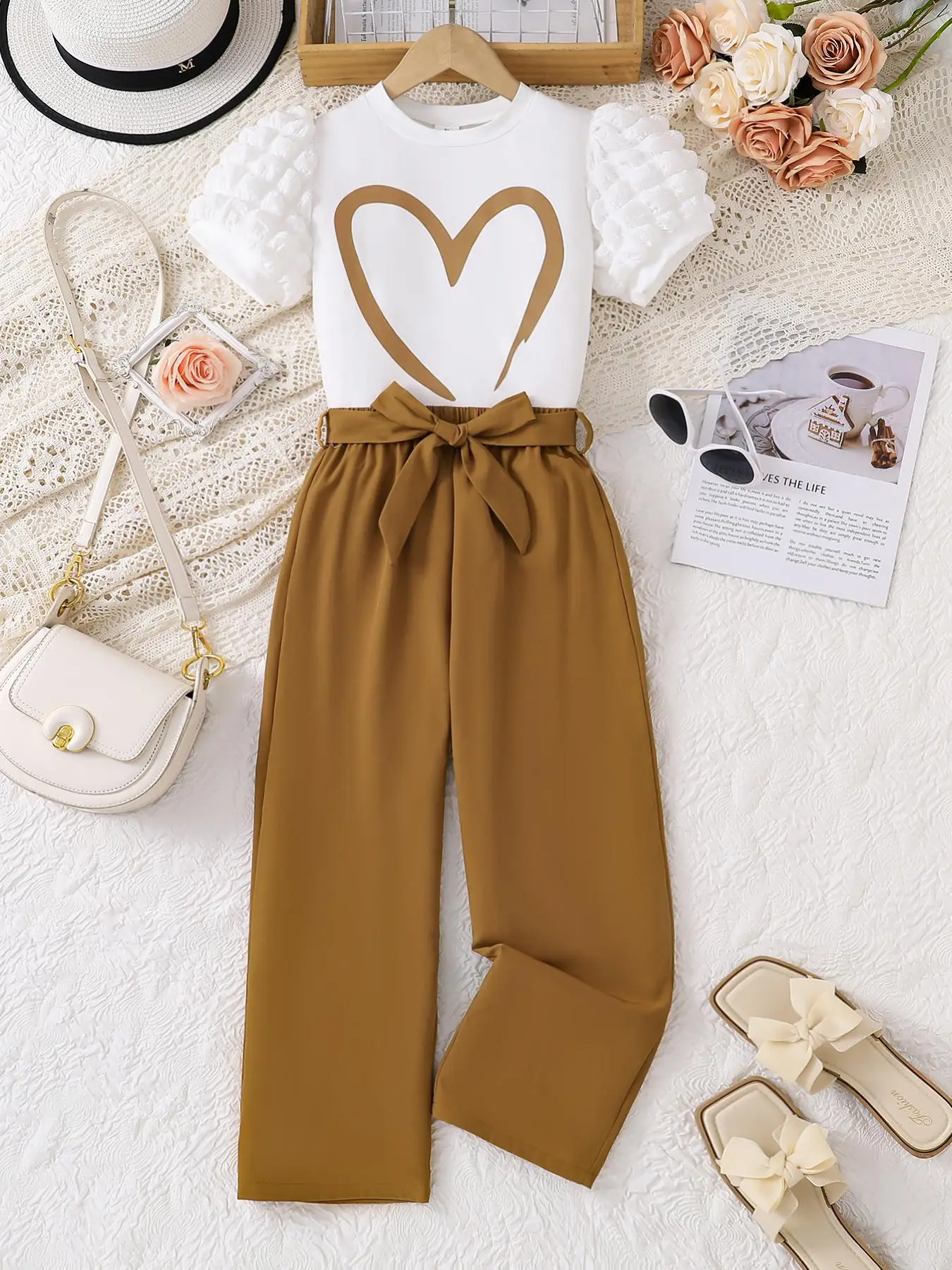 Girl's Heart Print Short Sleeve Tee & Belted Pants Two-Piece Set, Casual Round Neck T-Shirt & Trousers for Daily Wear, Children Summer Clothes