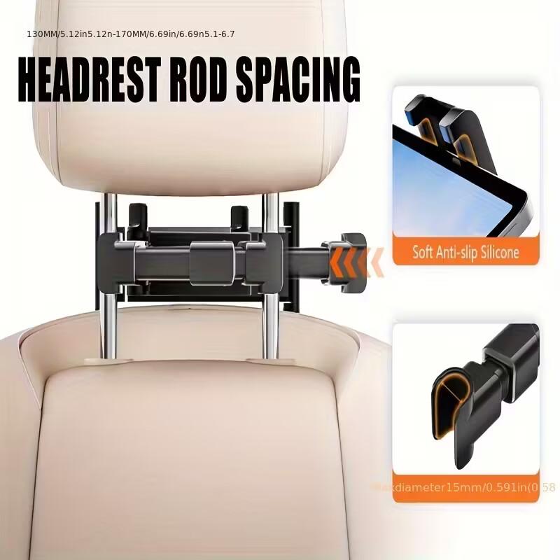 3In1 Car Headrest Tablet Holder for iPad/Phones, 360° Rotating Adjustable Trip Essentials, Black Color, ABS Material, Universal Fit for 4.7-11 Inch Devices, Easy Installation
