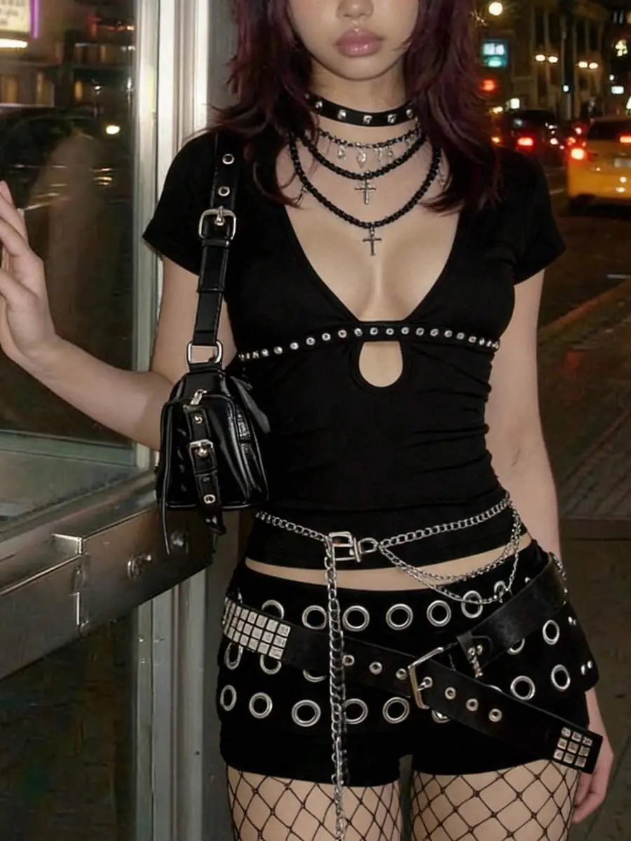 EgrlEra Women's Sexy Gothic Punk Style Deep V-Neck Rivet Decor Cap Sleeve Fitted T-Shirt