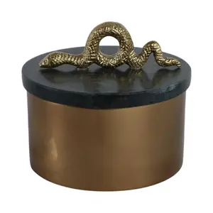 212 MAIN 5x5 in Round Metal & Stone Storage Box with Snake Top - Green & Gold Durable Sturdy Home Organizer, Home Supplies Storage Bin, Durable Storage Organizer, Sturdy Storage Organizer