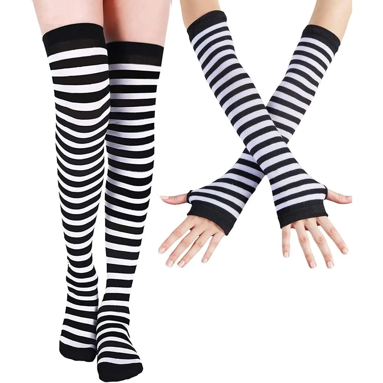 Girls' Striped Over-Knee Rainbow Thigh-High Socks & Gloves Set - Flexible Fit Sports Arm & Leg Warmers, Cosplay Wear Costumes Accessories