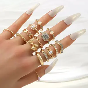 15Pcs European American INS Style Ring Set Faux Pearl Flower Geometric Bowknot Rings for Women Daily Wear Vacation Gifting Elegant Alloy Design