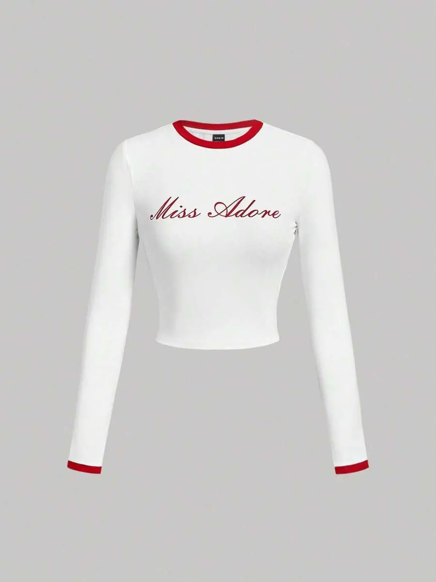 Roam x MOD Women's Retro Preppy Letter Print Round Neck Long Sleeve White And Red T-Shirt Back-To-School School Autumn