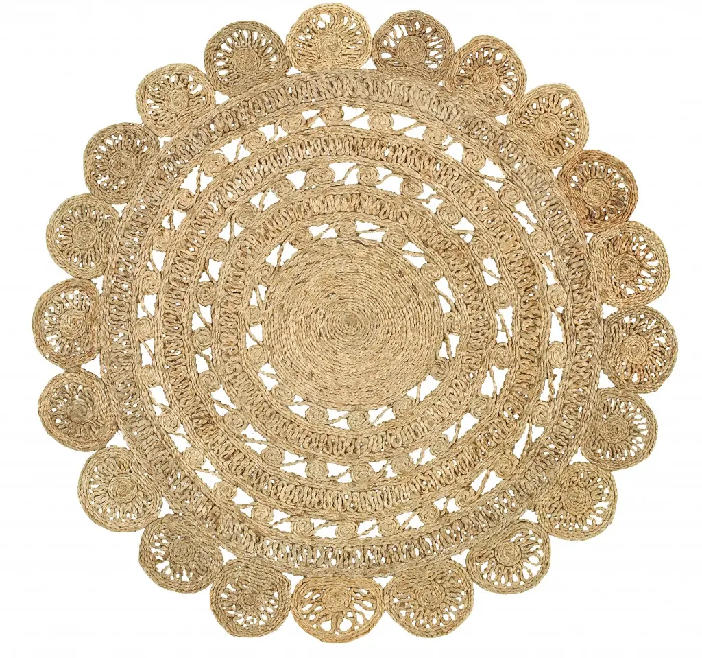 HomeRoots 72" x 72" Round Braided Jute Decorative Area Rug - Sunshine Shape, Golden Natural Jute, Indoor Home Decor Mat, Model 394232, Braided Jute Rug