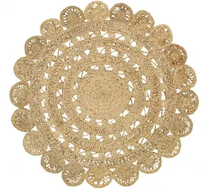 HomeRoots 90x90 in. Hand-Braided Sunshine-Shape Decorative Area Rug, Golden Natural Jute, Decorative Rugs